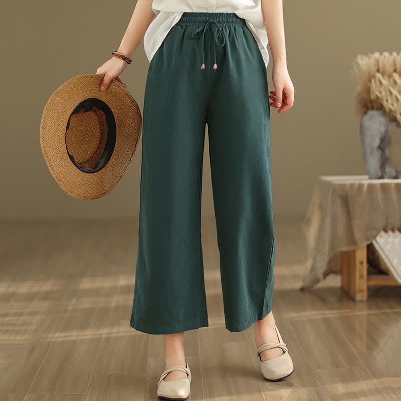 Buddha Stones Summer Casual Minimalist Drawstring Solid Cotton Cropped Pants Women's Wide Leg Pants With Pocket - image 2