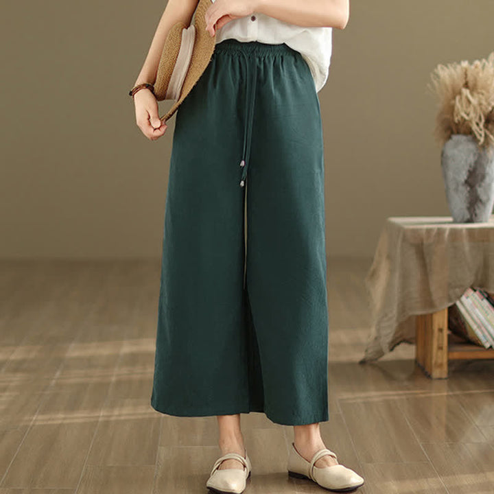 Buddha Stones Summer Casual Minimalist Drawstring Solid Cotton Cropped Pants Women's Wide Leg Pants With Pocket - image 3