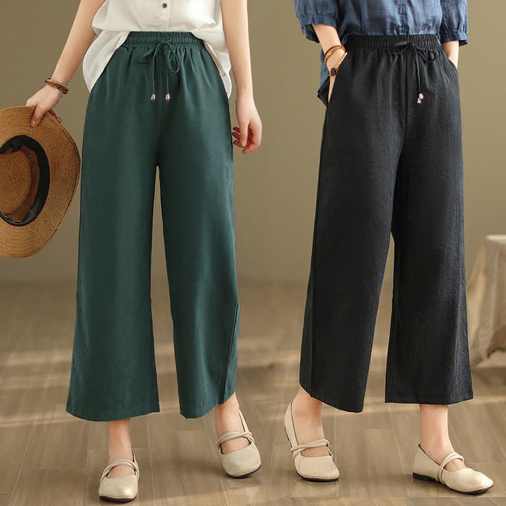Buddha Stones Summer Casual Minimalist Drawstring Solid Cotton Cropped Pants Women's Wide Leg Pants With Pocket - image 6