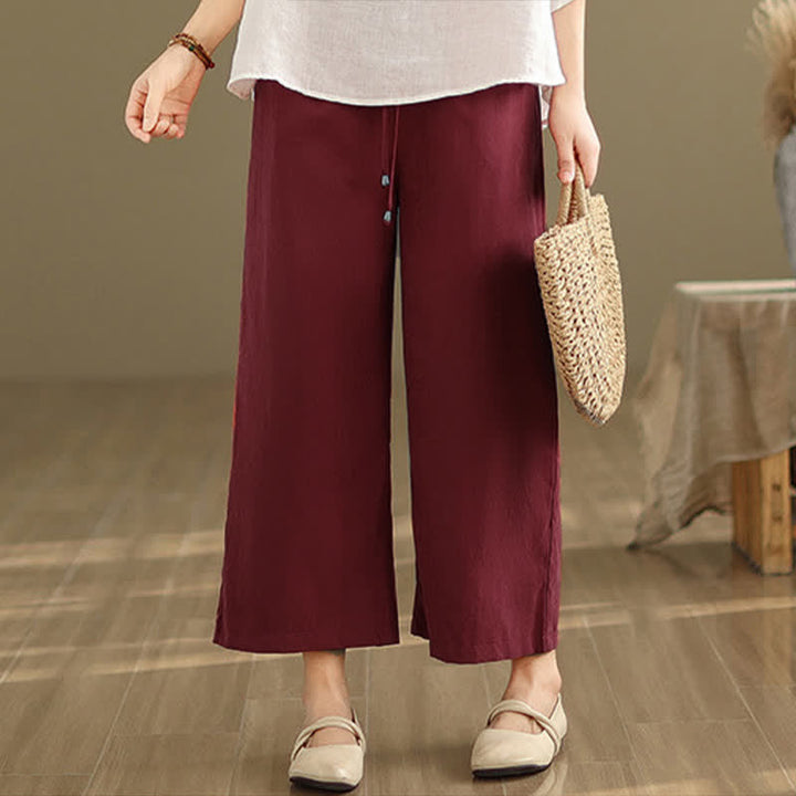 Buddha Stones Summer Casual Minimalist Drawstring Solid Cotton Cropped Pants Women's Wide Leg Pants With Pocket - image 19