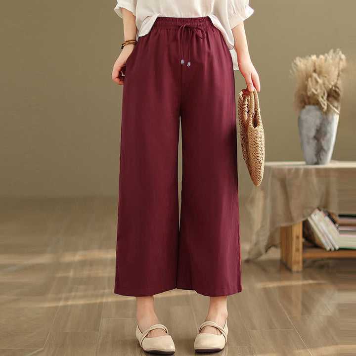 Buddha Stones Summer Casual Minimalist Drawstring Solid Cotton Cropped Pants Women's Wide Leg Pants With Pocket - image 16