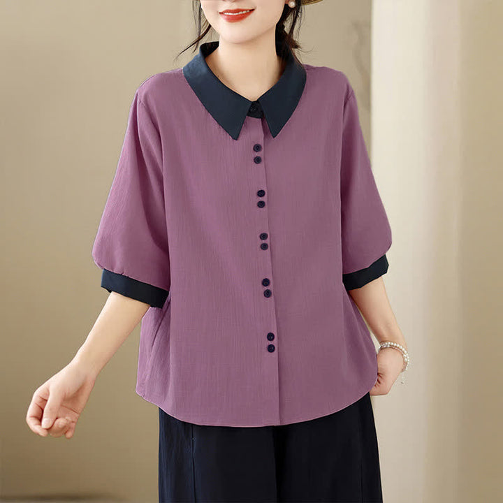 Buddha Stones Summer Elegant Button-Up contrast collar Solid Women's Short Sleeve Shirts - image 4