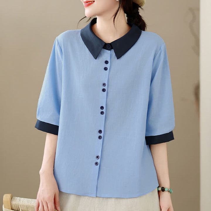 Buddha Stones Summer Elegant Button-Up contrast collar Solid Women's Short Sleeve Shirts - image 12