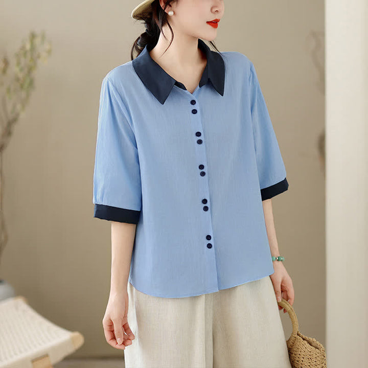Buddha Stones Summer Elegant Button-Up contrast collar Solid Women's Short Sleeve Shirts - LightSkyBlue - US8-10, UK/AU12-14, EU40-42 (2XL) - image 11