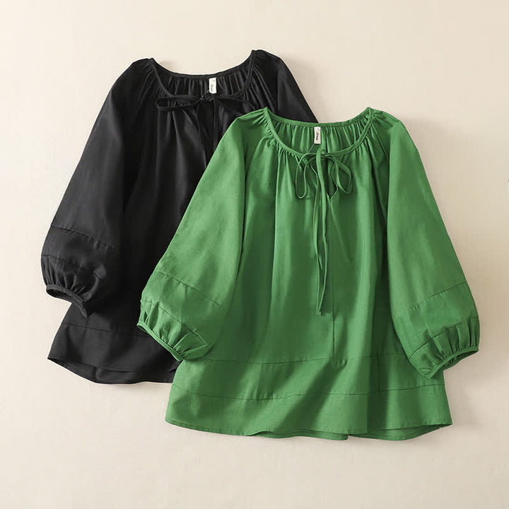 Buddha Stones Summer Boho Drawstring Crew Neck Solid Women's Long Sleeve Shirt - image 12