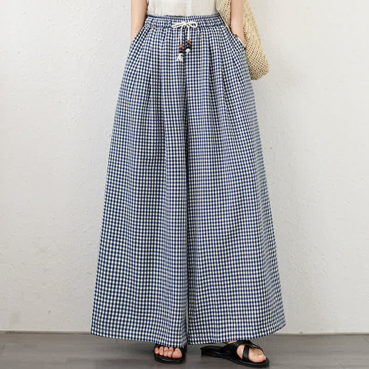 Buddha Stones Summer Casual Drawstring Small Plaid Ankle Pants Women's Wide Leg Pants With Pocket - image 3