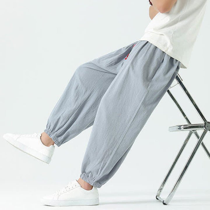 Buddha Stones Summer Casual Boho Drawstring Solid Cotton Cropped Pants Men's Harem Pants With Pocket - image 1