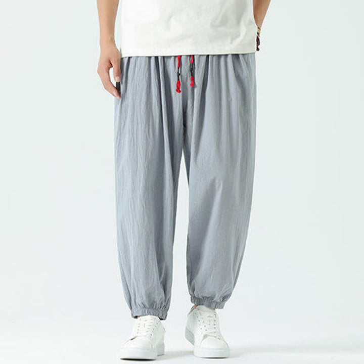 Buddha Stones Summer Casual Boho Drawstring Solid Cotton Cropped Pants Men's Harem Pants With Pocket - image 3
