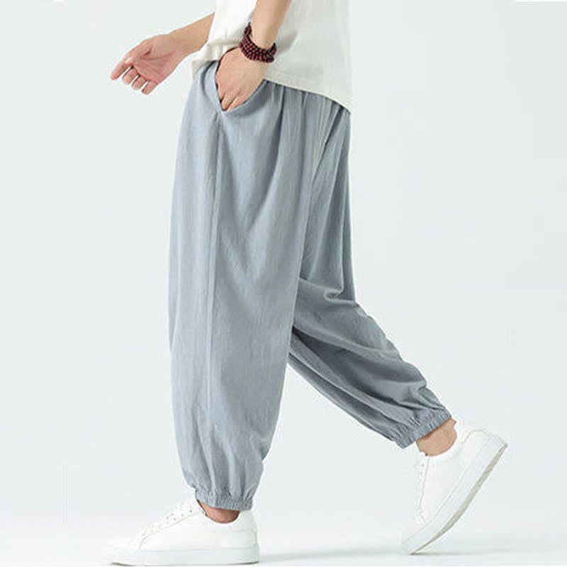 Buddha Stones Summer Casual Boho Drawstring Solid Cotton Cropped Pants Men's Harem Pants With Pocket - image 4