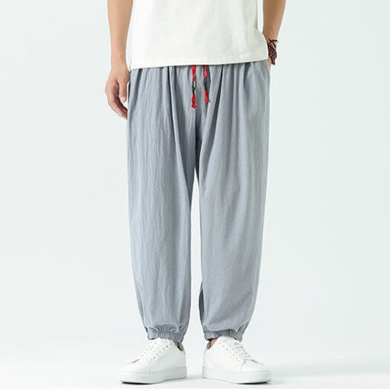 Buddha Stones Summer Casual Boho Drawstring Solid Cotton Cropped Pants Men's Harem Pants With Pocket - image 7