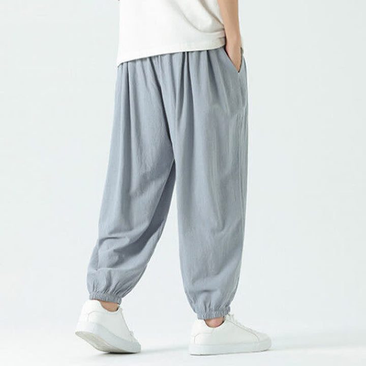 Buddha Stones Summer Casual Boho Drawstring Solid Cotton Cropped Pants Men's Harem Pants With Pocket - image 9