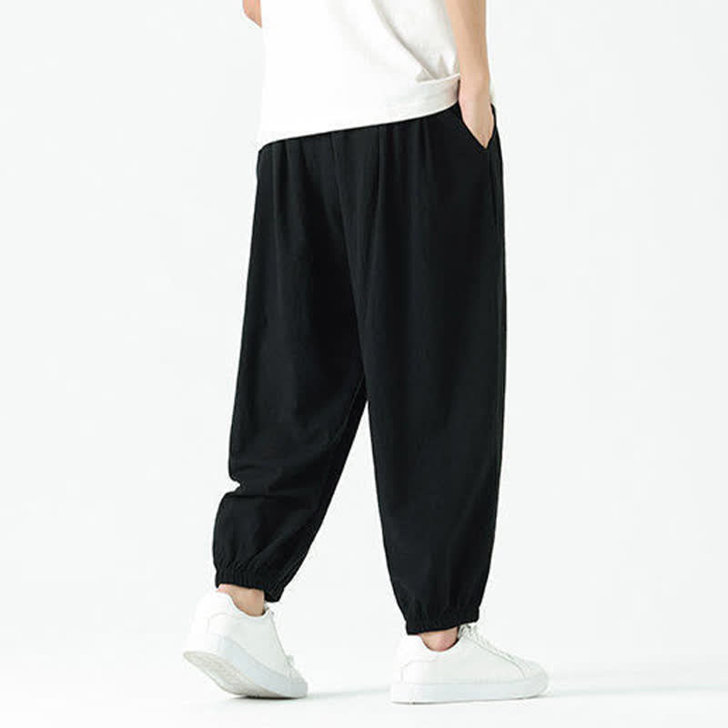 Buddha Stones Summer Casual Boho Drawstring Solid Cotton Cropped Pants Men's Harem Pants With Pocket - image 14