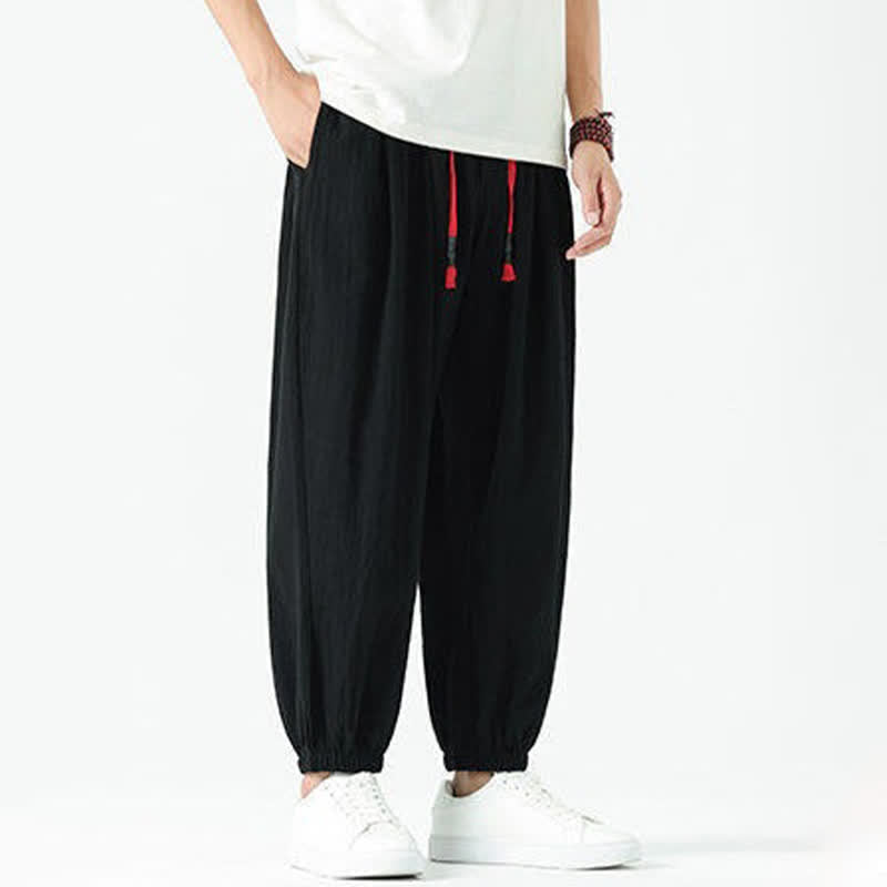 Buddha Stones Summer Casual Boho Drawstring Solid Cotton Cropped Pants Men's Harem Pants With Pocket - image 12