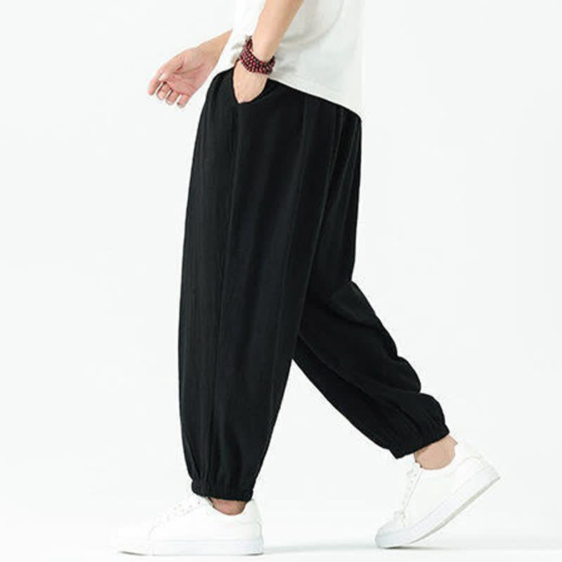 Buddha Stones Summer Casual Boho Drawstring Solid Cotton Cropped Pants Men's Harem Pants With Pocket - image 17