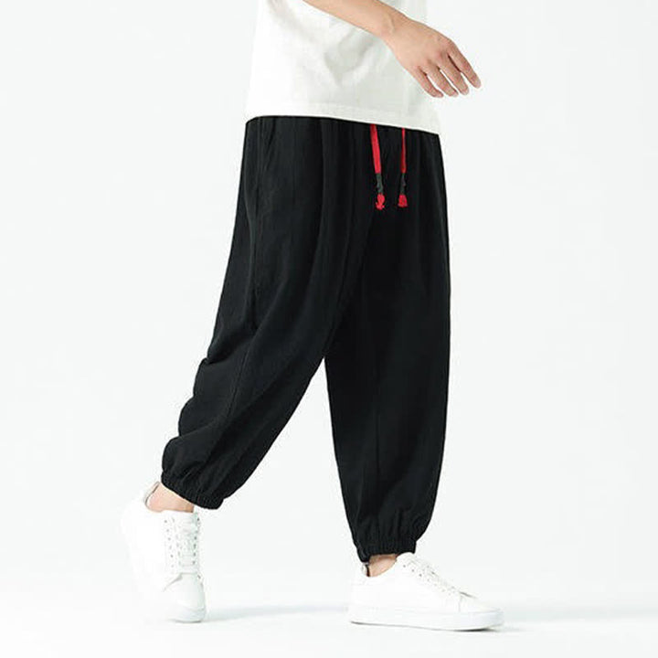 Buddha Stones Summer Casual Boho Drawstring Solid Cotton Cropped Pants Men's Harem Pants With Pocket - image 16