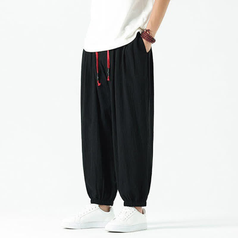 Buddha Stones Summer Casual Boho Drawstring Solid Cotton Cropped Pants Men's Harem Pants With Pocket - image 13