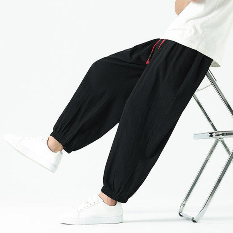 Buddha Stones Summer Casual Boho Drawstring Solid Cotton Cropped Pants Men's Harem Pants With Pocket - image 18
