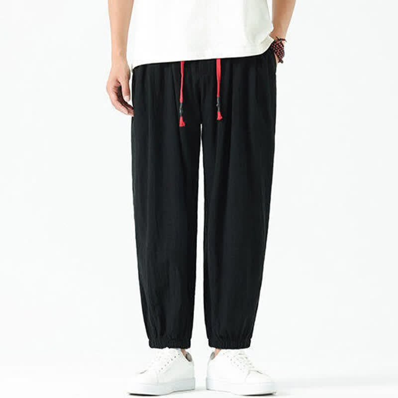 Buddha Stones Summer Casual Boho Drawstring Solid Cotton Cropped Pants Men's Harem Pants With Pocket - image 15