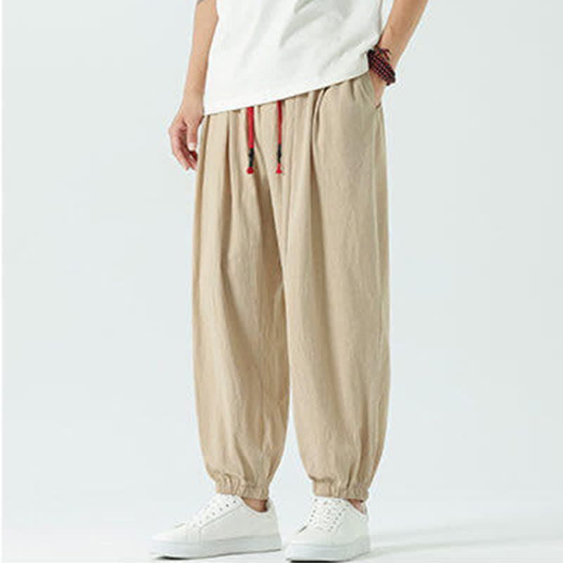 Buddha Stones Summer Casual Boho Drawstring Solid Cotton Cropped Pants Men's Harem Pants With Pocket - image 26