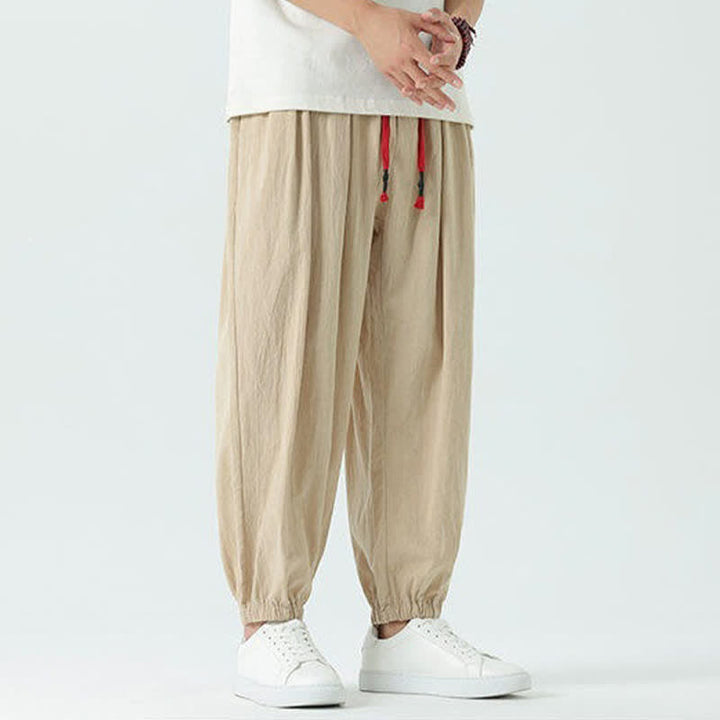 Buddha Stones Summer Casual Boho Drawstring Solid Cotton Cropped Pants Men's Harem Pants With Pocket - image 20