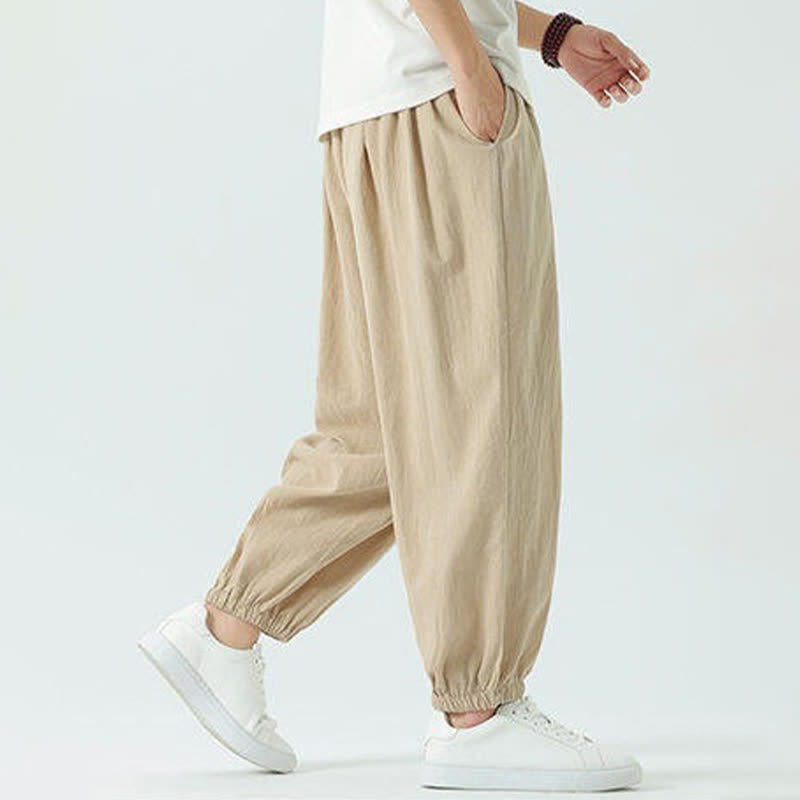Buddha Stones Summer Casual Boho Drawstring Solid Cotton Cropped Pants Men's Harem Pants With Pocket - image 21
