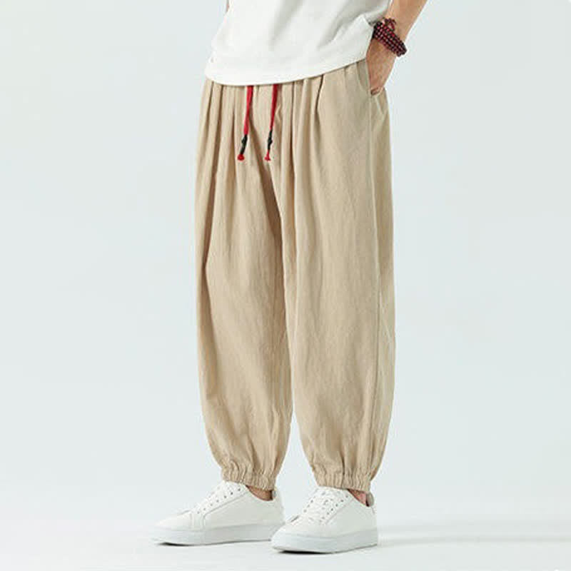 Buddha Stones Summer Casual Boho Drawstring Solid Cotton Cropped Pants Men's Harem Pants With Pocket - image 25