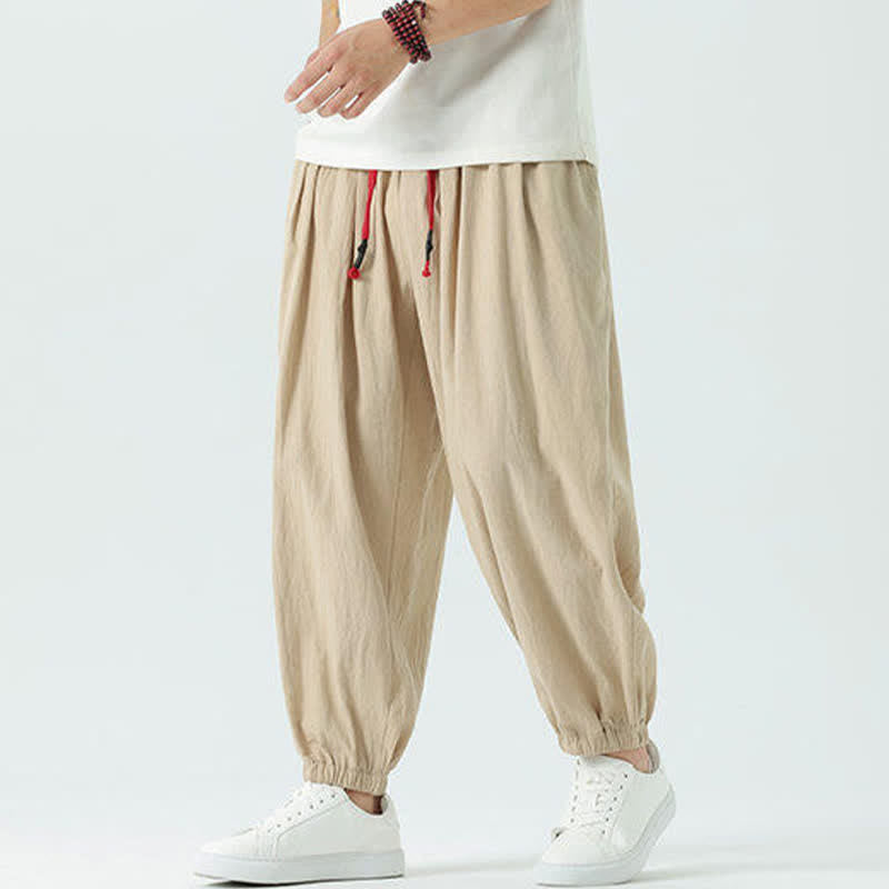 Buddha Stones Summer Casual Boho Drawstring Solid Cotton Cropped Pants Men's Harem Pants With Pocket - Tan - US/UK/AU46, EU56 (5XL) - image 19