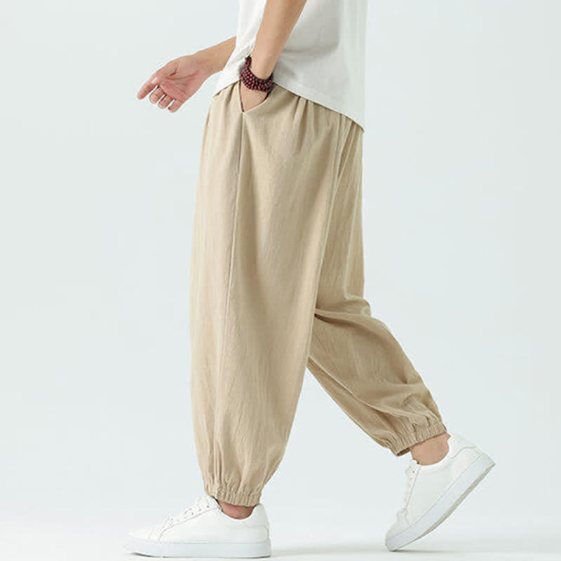 Buddha Stones Summer Casual Boho Drawstring Solid Cotton Cropped Pants Men's Harem Pants With Pocket - image 22