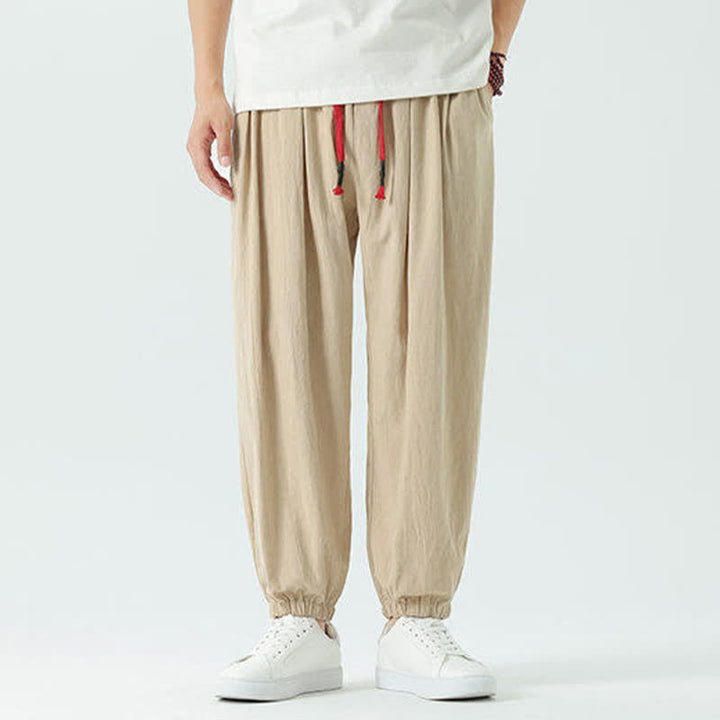 Buddha Stones Summer Casual Boho Drawstring Solid Cotton Cropped Pants Men's Harem Pants With Pocket - image 24