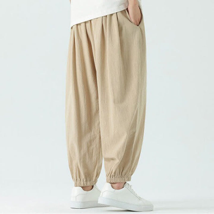 Buddha Stones Summer Casual Boho Drawstring Solid Cotton Cropped Pants Men's Harem Pants With Pocket - image 23