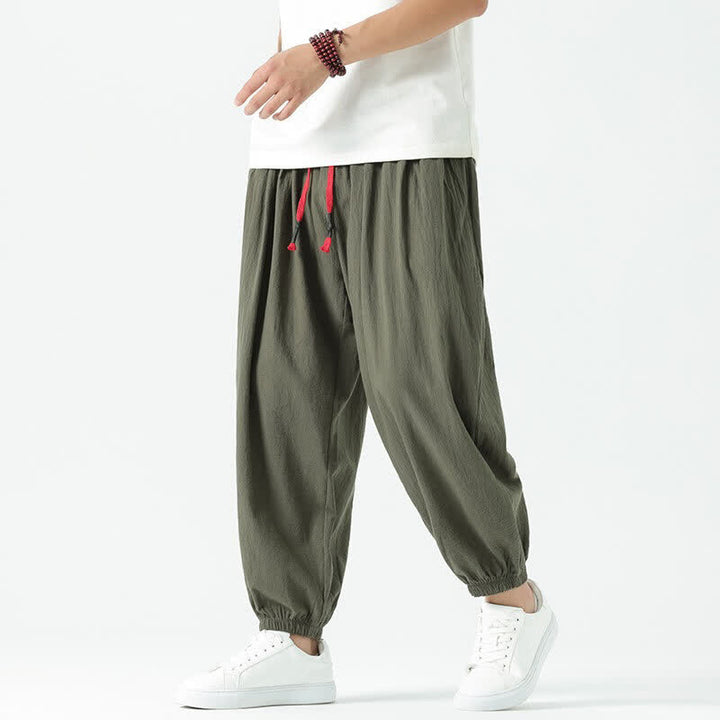 Buddha Stones Summer Casual Boho Drawstring Solid Cotton Cropped Pants Men's Harem Pants With Pocket - DarkOliveGreen - US/UK/AU46, EU56 (5XL) - image 28
