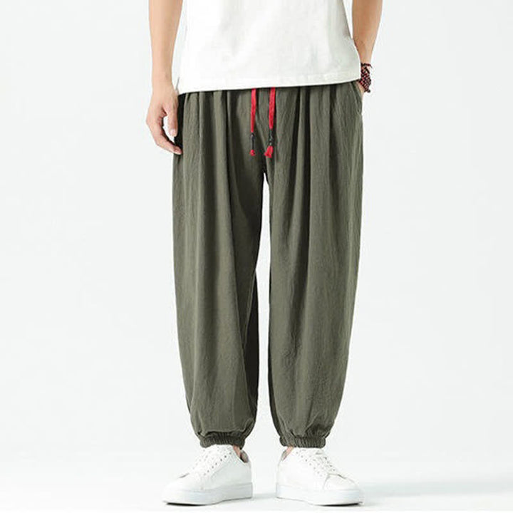 Buddha Stones Summer Casual Boho Drawstring Solid Cotton Cropped Pants Men's Harem Pants With Pocket - image 29