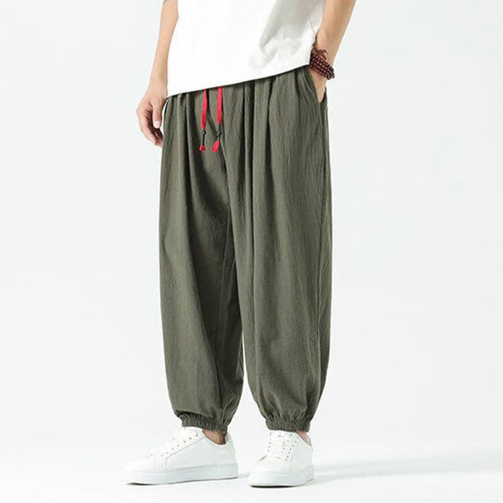 Buddha Stones Summer Casual Boho Drawstring Solid Cotton Cropped Pants Men's Harem Pants With Pocket - image 32