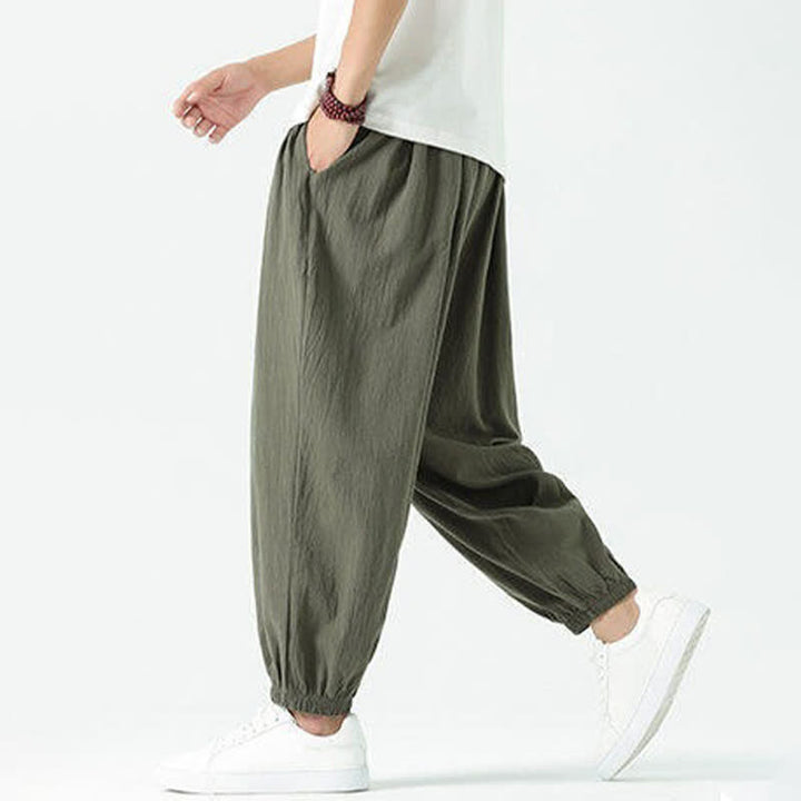 Buddha Stones Summer Casual Boho Drawstring Solid Cotton Cropped Pants Men's Harem Pants With Pocket - image 33