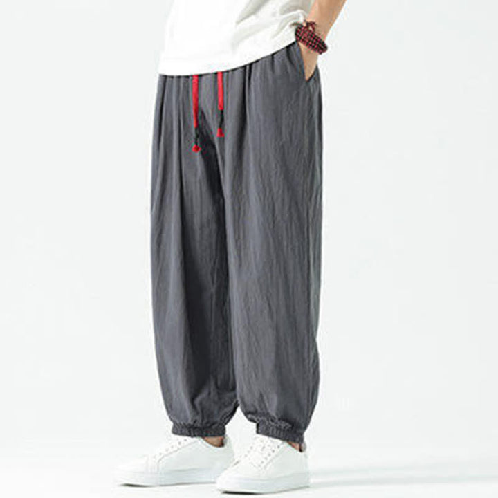 Buddha Stones Summer Casual Boho Drawstring Solid Cotton Cropped Pants Men's Harem Pants With Pocket - image 41