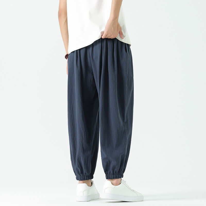 Buddha Stones Summer Casual Boho Drawstring Solid Cotton Cropped Pants Men's Harem Pants With Pocket - image 46