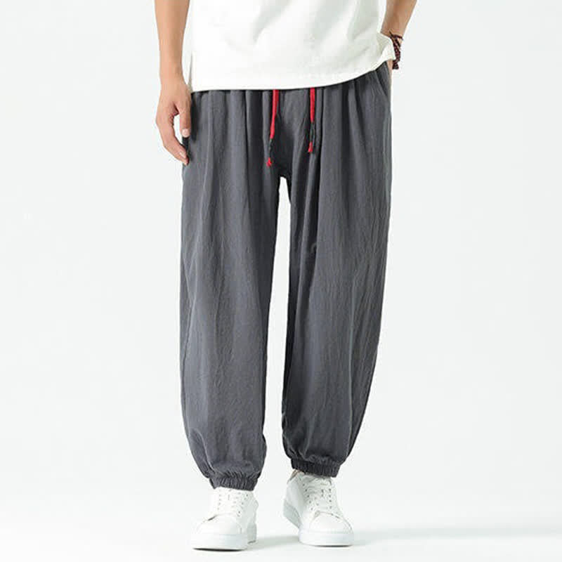 Buddha Stones Summer Casual Boho Drawstring Solid Cotton Cropped Pants Men's Harem Pants With Pocket - image 36