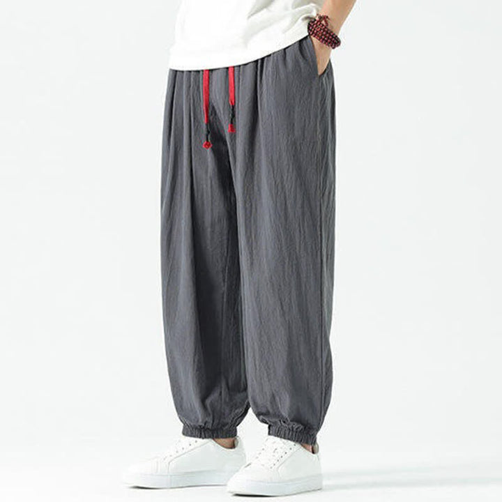 Buddha Stones Summer Casual Boho Drawstring Solid Cotton Cropped Pants Men's Harem Pants With Pocket - image 37