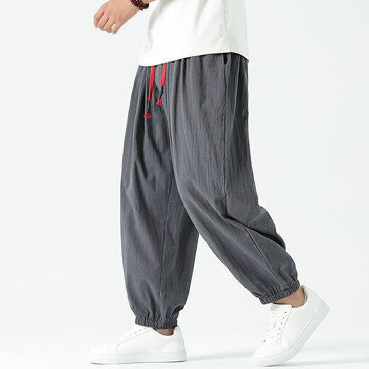 Buddha Stones Summer Casual Boho Drawstring Solid Cotton Cropped Pants Men's Harem Pants With Pocket - DimGray - US/UK/AU46, EU56 (5XL) - image 35
