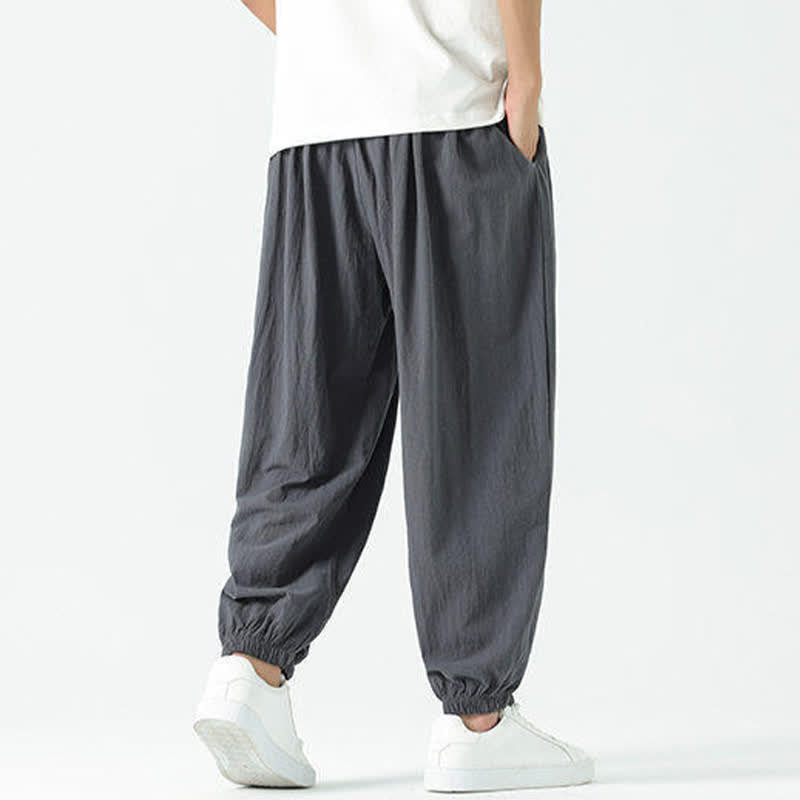 Buddha Stones Summer Casual Boho Drawstring Solid Cotton Cropped Pants Men's Harem Pants With Pocket - image 39