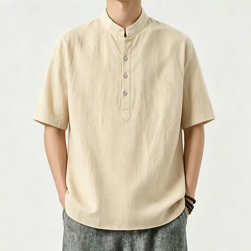 Buddha Stones Summer Casual Mandarin Collar Solid Men's Short Sleeve Shirts - Khaki - US/UK/AU46, EU56 (5XL) - image 0