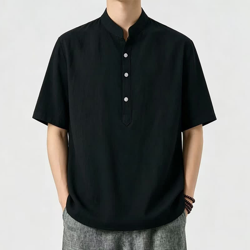 Buddha Stones Summer Casual Mandarin Collar Solid Men's Short Sleeve Shirts - Black - US/UK/AU46, EU56 (5XL) - image 2