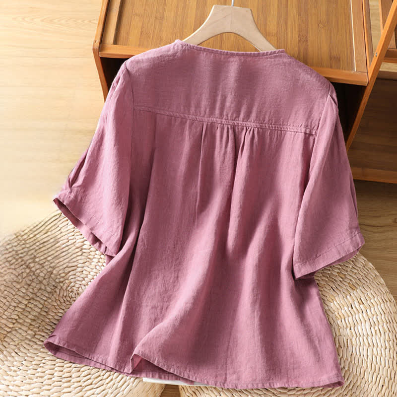 Buddha Stones Summer Casual Minimalist Button-Up Solid Women's Short Sleeve Shirts With Patch Pocket - image 1