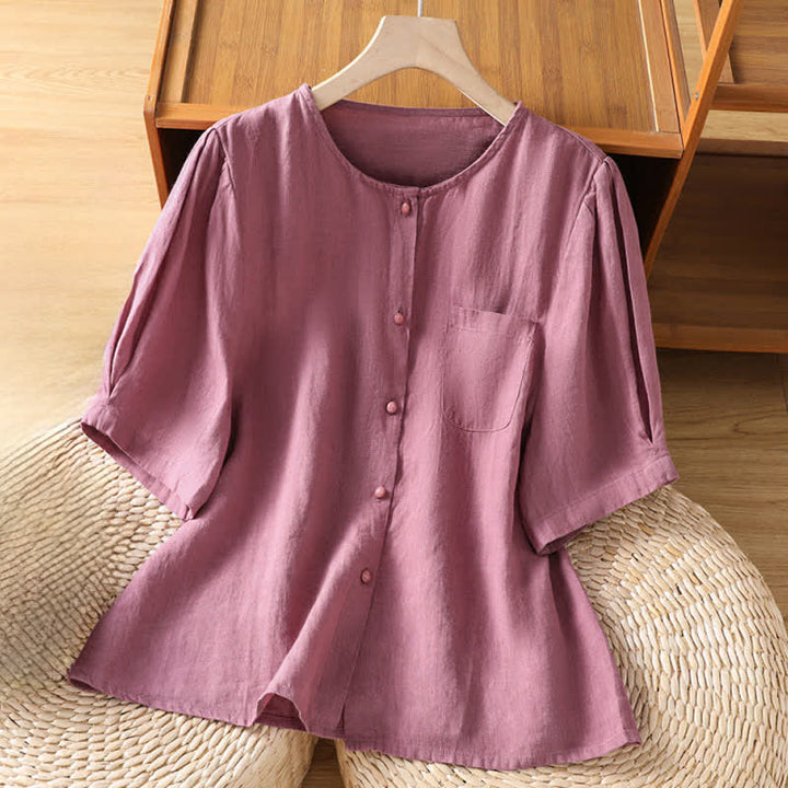 Buddha Stones Summer Casual Minimalist Button-Up Solid Women's Short Sleeve Shirts With Patch Pocket - RosyBrown - US8-10, UK/AU12-14, EU40-42 (2XL) - image 0