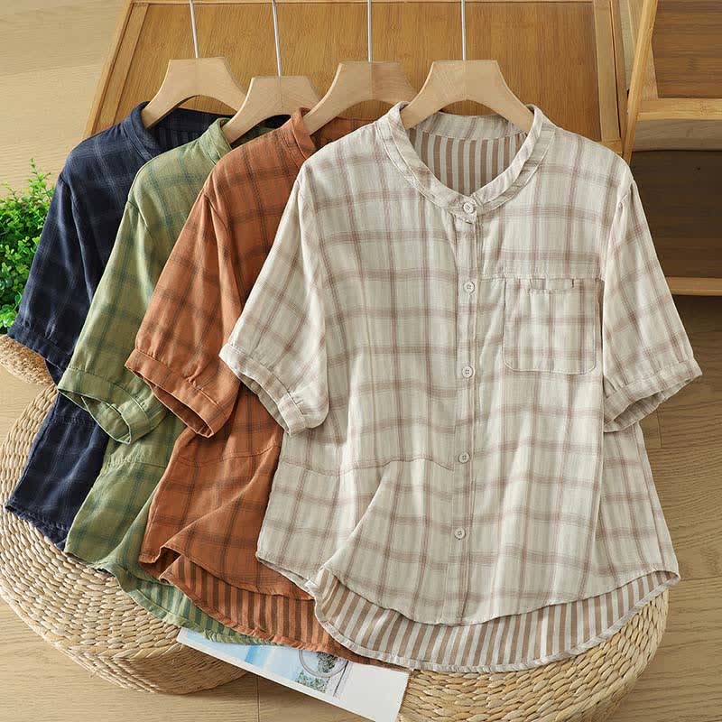 Buddha Stones Summer Casual Vintage Plaid Women's Short Sleeve Shirts With Patch Pocket - image 29