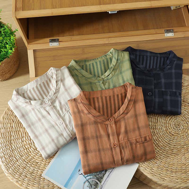 Buddha Stones Summer Casual Vintage Plaid Women's Short Sleeve Shirts With Patch Pocket - image 31