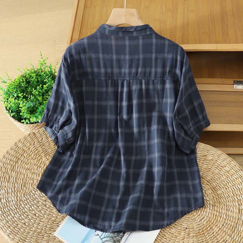 Buddha Stones Summer Casual Vintage Plaid Women's Short Sleeve Shirts With Patch Pocket - image 7