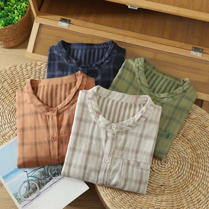 Buddha Stones Summer Casual Vintage Plaid Women's Short Sleeve Shirts With Patch Pocket - image 30
