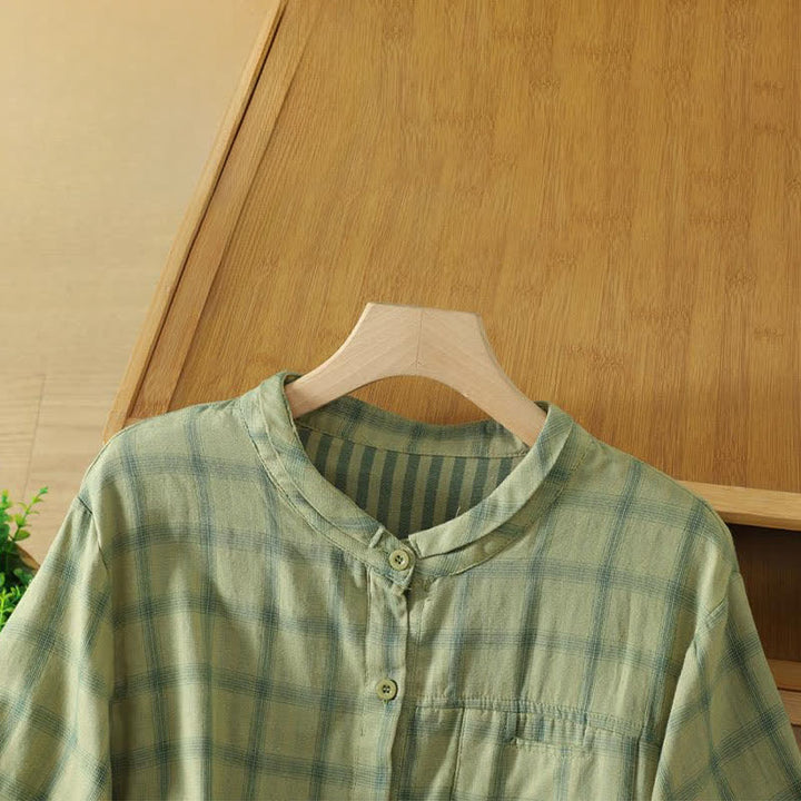 Buddha Stones Summer Casual Vintage Plaid Women's Short Sleeve Shirts With Patch Pocket - image 2