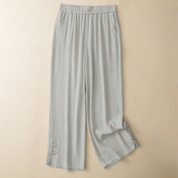 Buddha Stones Summer Casual Embroidery Solid Cropped Pants Women's Harem Pants With Pocket - image 1